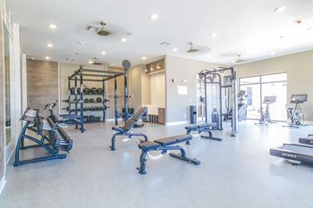 a fitness center with weights and exercise equipment in a building